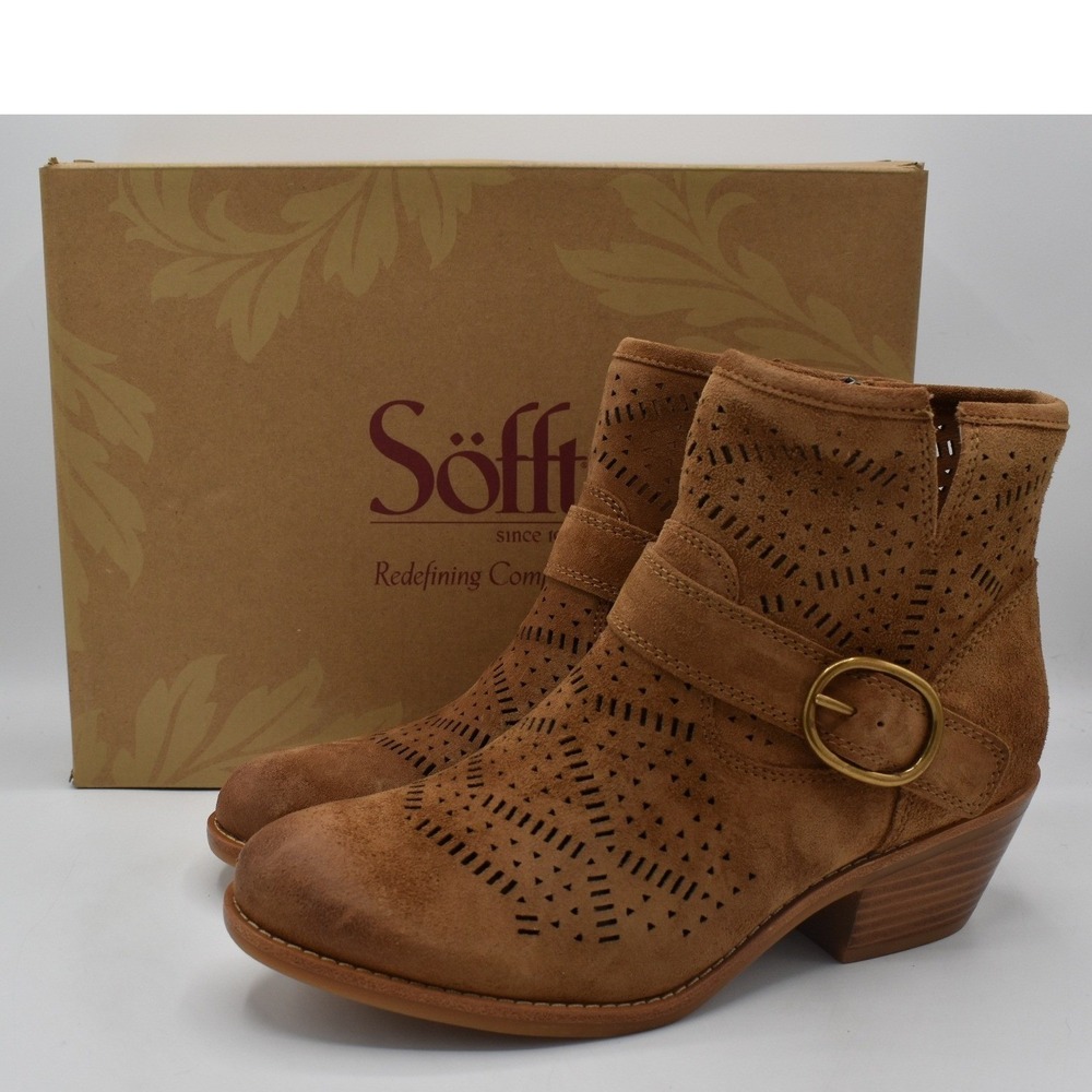 Sofft Adriana Ankle Boots Women 7 Havana Brown Suede Perforated Laser Cut Buckle